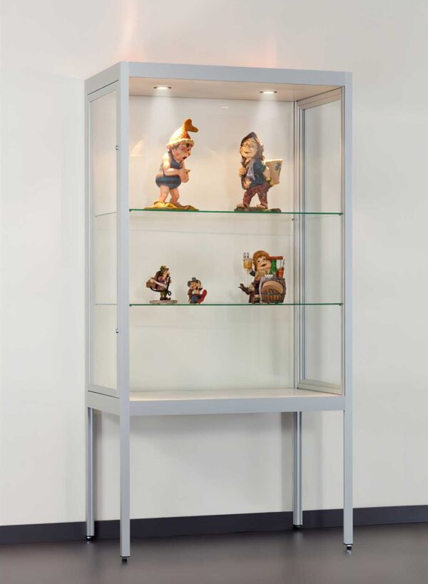 Vitrine staubdicht 1000 silber mit Beleuchtung auf Stelzen