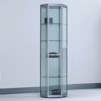 Standvitrine in Gleichschenklig 6-Eck Form mit Flügeltür BXTXH 58×50,2x182cm