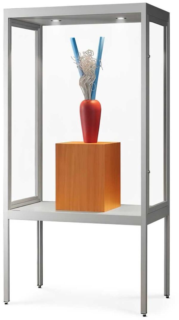 Vitrine staubdicht 1000 silber mit Beleuchtung auf Stelzen – Bild 2