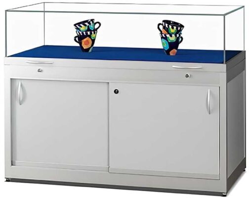 Tischvitrine 250 1000 silber mit Unterschrank und Gasfedern | Aussenmass BxTxH: 1000 x 600 x 920 mm | Höhe Glashaube 250 mm | Aluminium eckig