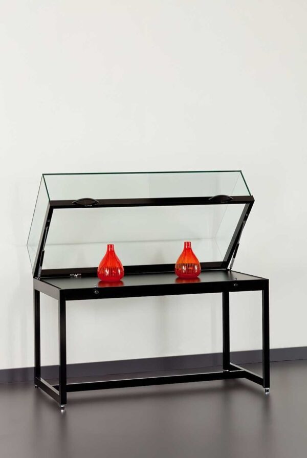 Tischvitrine 1000 schwarz mit Gasfedern | Aussenmass BxTxH: 1000 x 600 x 920 mm | Höhe Glashaube 250 mm | Aluminium eckig – Bild 2