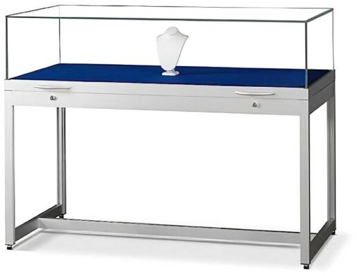 Tischvitrine 1200 silber mit Gasfedern | Aussenmass BxTxH: 1200 x 600 x 920 mm | Höhe Glashaube 250 mm | Aluminium eckig