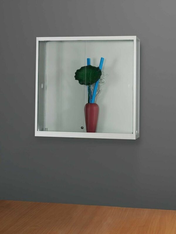 silbene Wandvitrine mit einer Breite von 1000mm Profie-eloxiertem Aluminium eckig