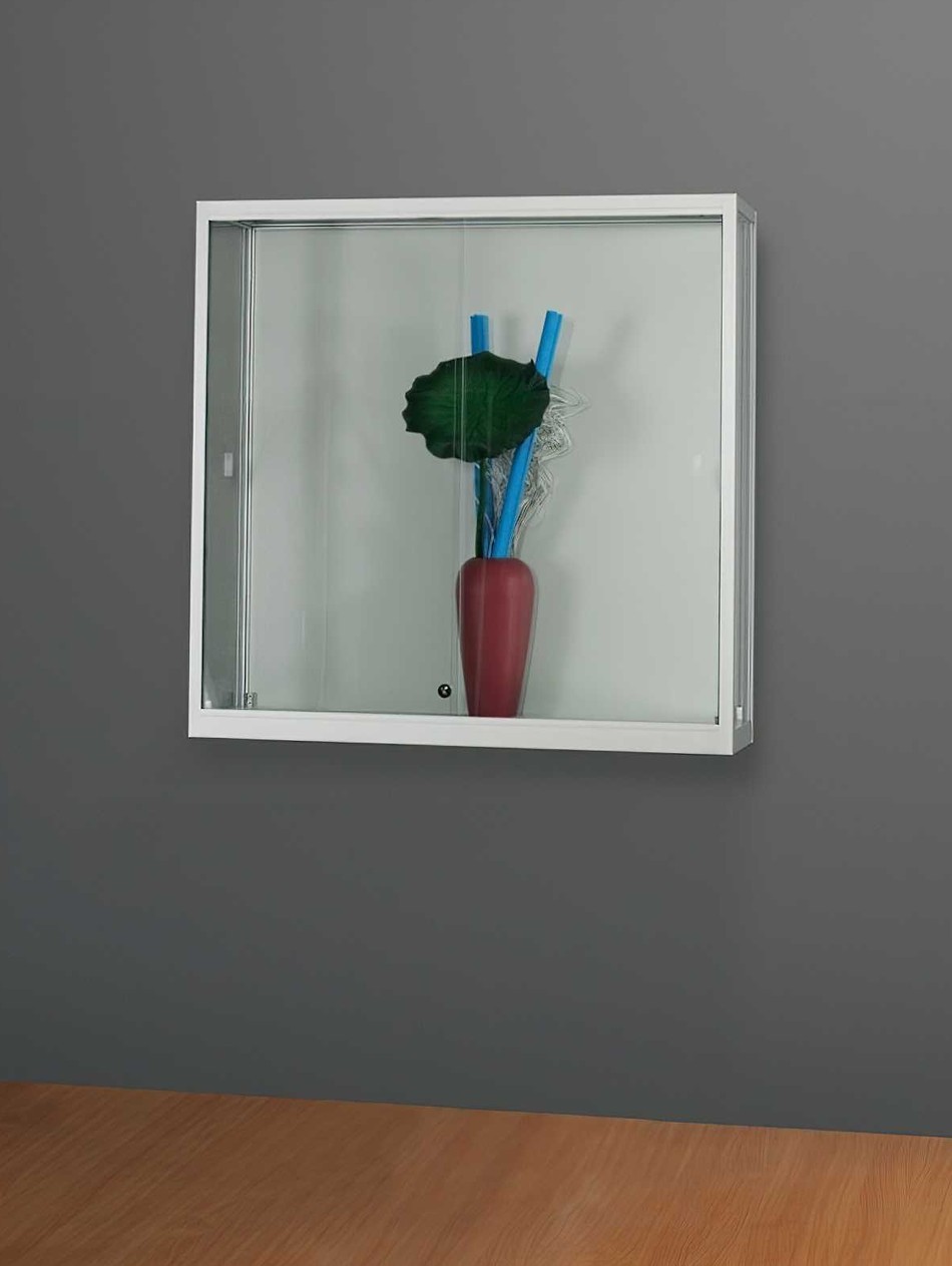 silbene Wandvitrine mit einer Breite von 1000mm Profie-eloxiertem Aluminium eckig